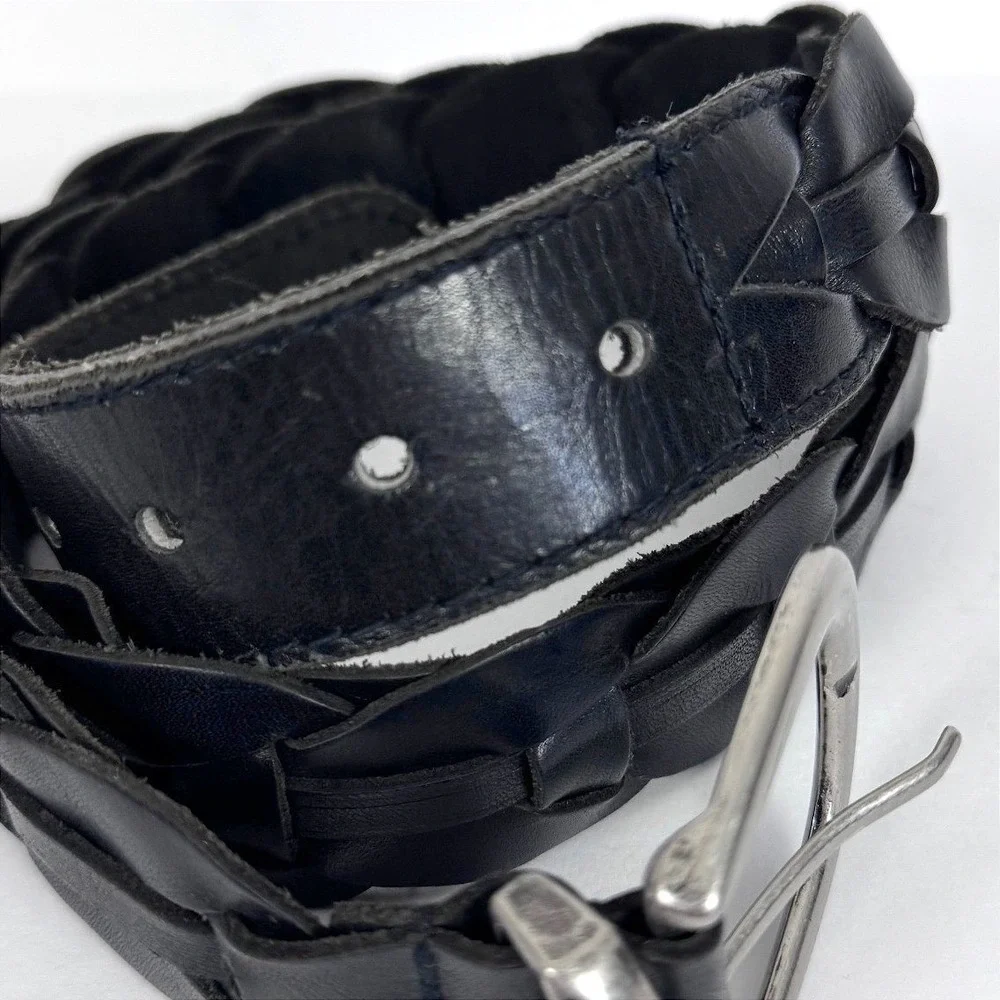 Retro Woven Black Real Leather Belt Mens 34 Preppy Dark Academia
